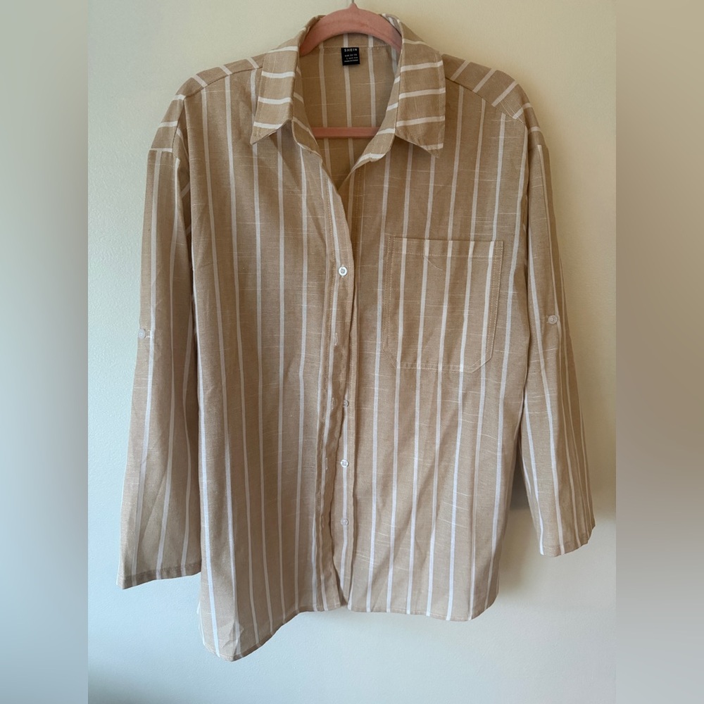 Striped Tan Button-Up Shirt